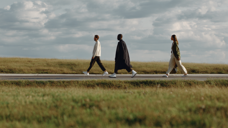 imagem mostra três pessoas andando em uma estrada